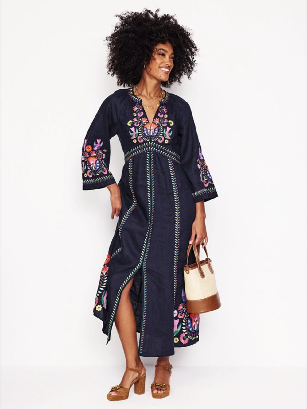 Boden Womens Una Linen Embroidered Midi Dress 8P Navy Pockets 3/4 Sleeve D0940